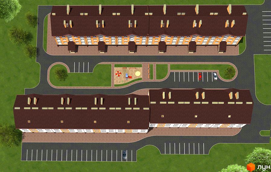 Вид зверху на житловий комплекс з коричневим дахом та помаранчевими фасадами. Територія включає дитячий майданчик та парковку.