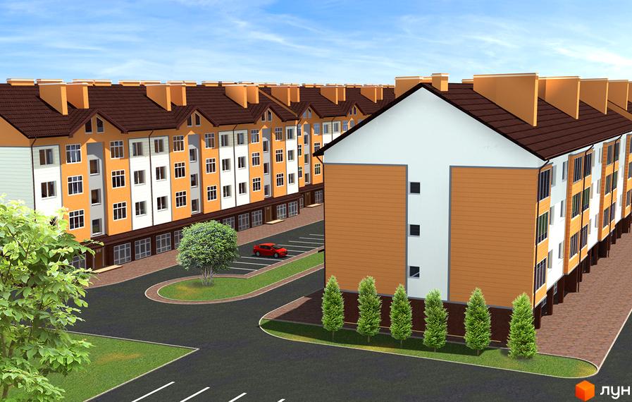 Зовнішній вигляд новобудови вул. Проектована-Тролейбусна, 1, 2 з цегляним фасадом та коричневим дахом. Прибудинкова територія з парковкою та зеленими насадженнями.