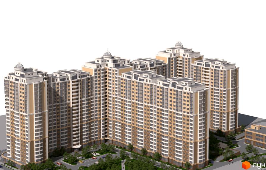 Комплекс Green Park - це багатоповерхові будинки з біло-бежевим фасадом та скляними балконами. Навколо комплексу зелені насадження та парковка для автомобілів.