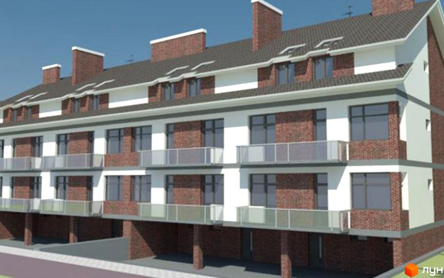 Фасад новобудови на вул. Загородна, 47. Багатоквартирний будинок з цегляними та білими елементами, балконами зі скляним огородженням та дахом з мансардними вікнами.