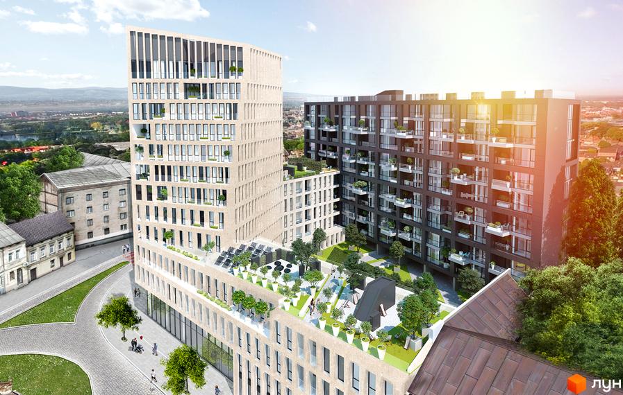 Зображення Житлового комплексу Forum Apartments. Вигляд багатоповерхового будинку з великими вікнами та озелененою територією.