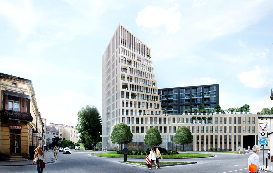Новобудова Forum Apartments з білою фасадною обробкою та темною будівлею на задньому плані. Навколо комплексу зелені дерева та міський пейзаж із дорогою та пішоходами.