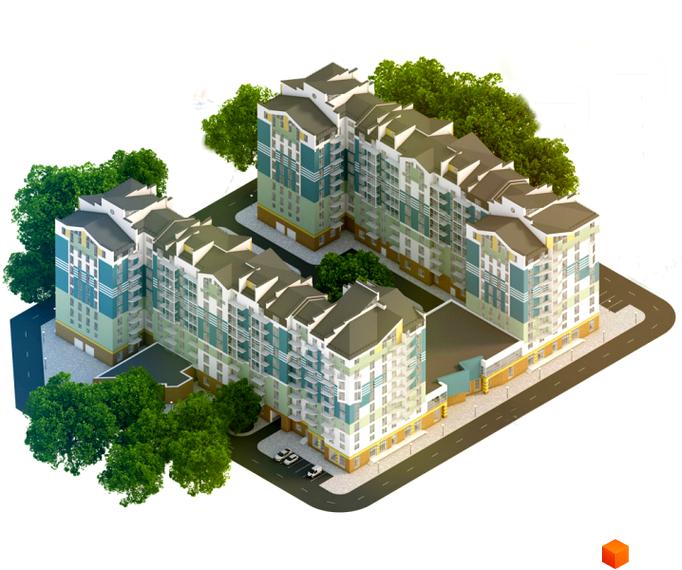 Зображення житлового комплексу на вулиці Івасюка, 2. Багатоповерховий будинок з прибудинковою територією, деревами та парковкою.