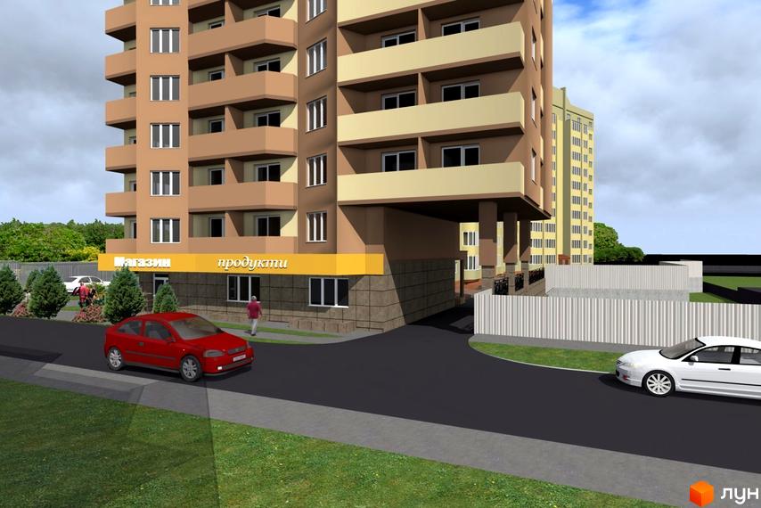 Зовнішній вигляд новобудови ЖК Особняк-К з балконами та магазином на першому поверсі. Прибудинкова територія з дорогою та автомобілями.