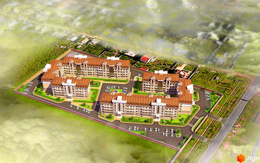 Зовнішній вигляд ЖК Академгородок-Совиньон з коричневим дахом та світлими фасадами. На прибудинковій території розташовані паркувальні місця та зелені насадження.