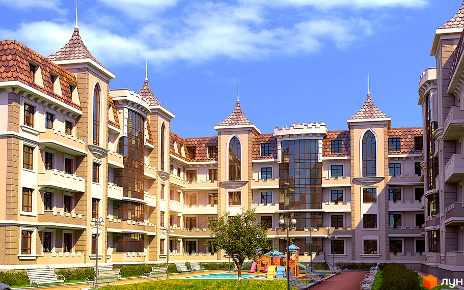 Житловий комплекс Академгородок-Совиньон. Зовнішній вигляд будівель у вигляді замку з вежами та черепичними дахами. Прибудинкова територія з дитячим майданчиком та басейном.