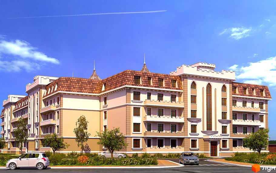 Зовнішній вигляд новобудови ЖК Академгородок-Совиньон з елементами замкової архітектури та прибудинковою територією з деревами та автомобілями.