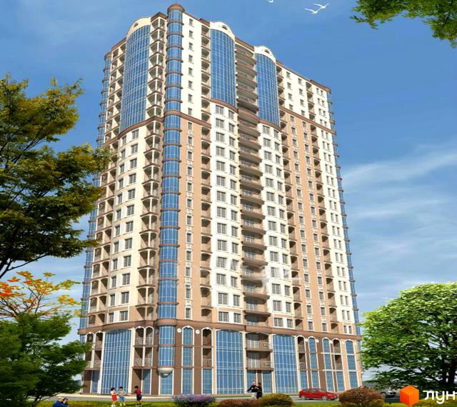 Висотна будівля ЖК Гагаринський з великою кількістю вікон та балконів. На прибудинковій території видно дерева, люди та автомобілі.