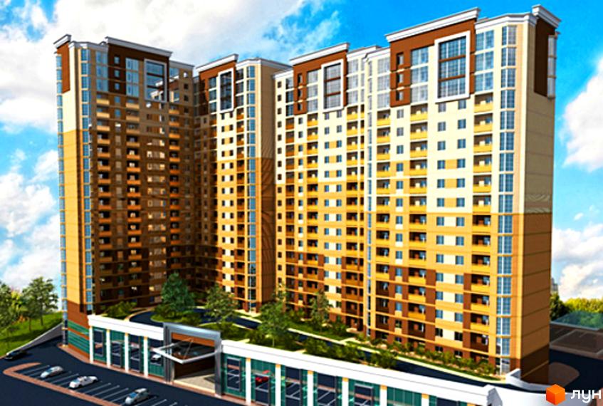 Високоповерховий житловий комплекс з фасадом у теплих тонах. На прибудинковій території є парковка та зелені насадження.