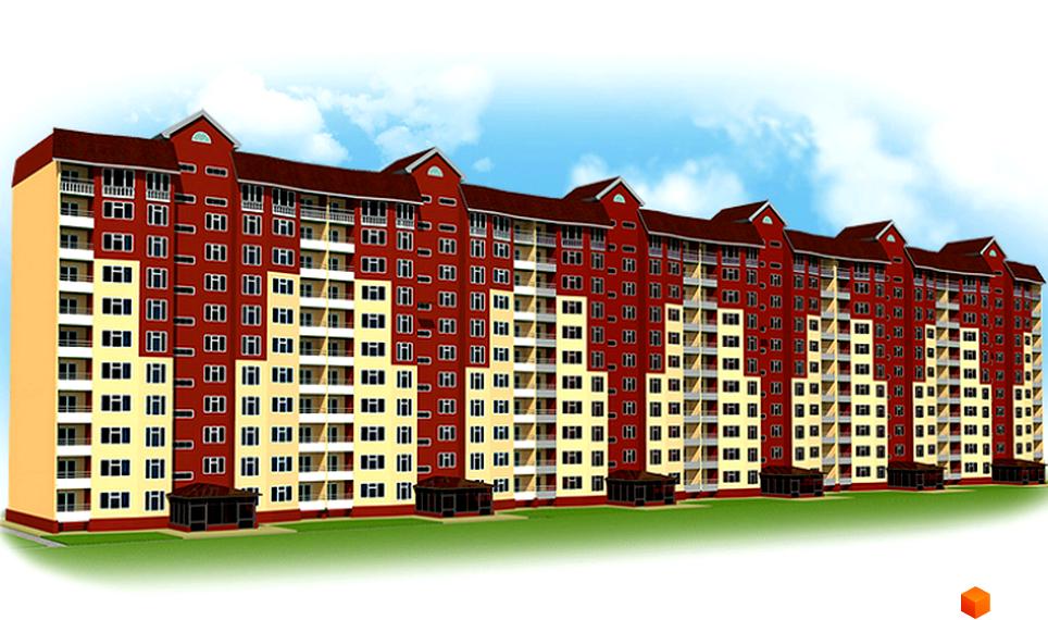 Багатосекційний житловий комплекс на вул. Володимира Українця, 72-75, з червоно-жовтим фасадом, коричневими дахами та зеленим газоном.