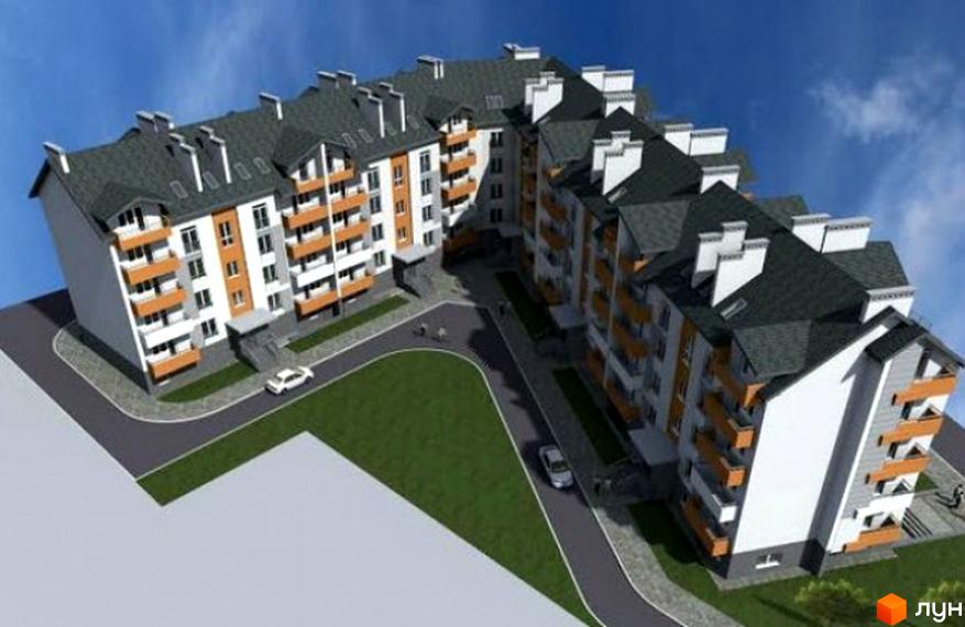 Житловий комплекс Сонячний майдан: багатосекційний будинок з білими та сірими фасадами, помаранчевими балконами та темно-сірим дахом. Прибудинкова територія має асфальтовані доріжки та зелені газони.