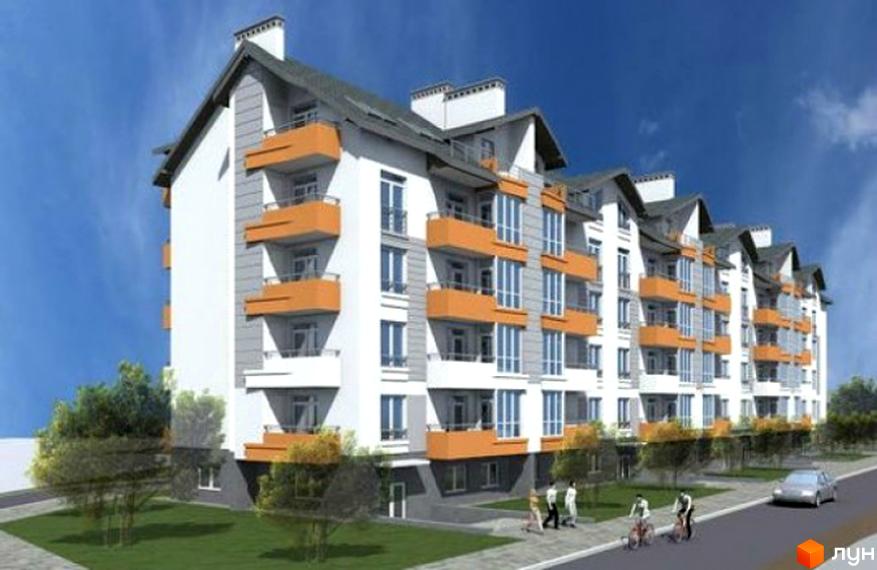 Житловий комплекс Сонячний майдан з білим фасадом, сірими вставками та помаранчевими балконами. Поруч зелені газони, дерева, пішохідна доріжка та дорога з людьми і автомобілем.