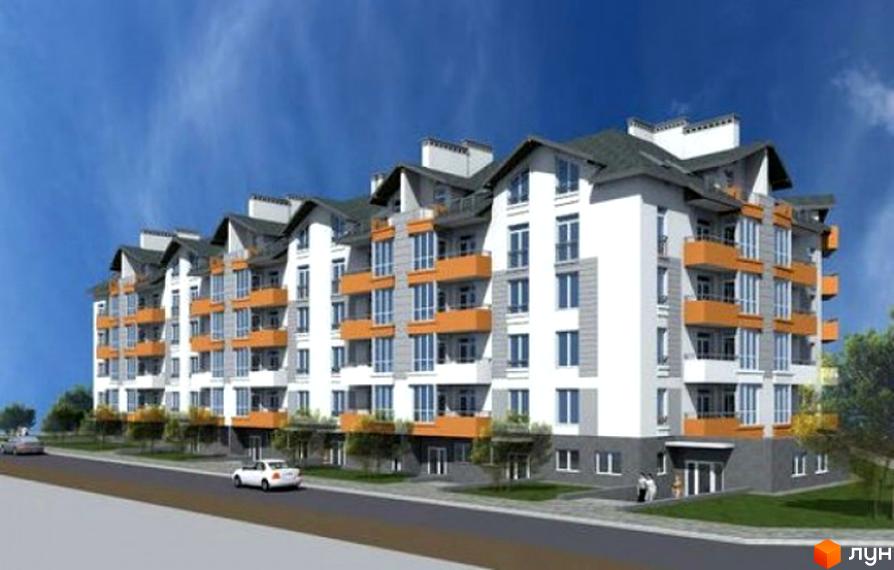 Житловий комплекс Сонячний майдан з білим фасадом, помаранчевими балконами та сірими дахами, розташований біля дороги із зеленими насадженнями.