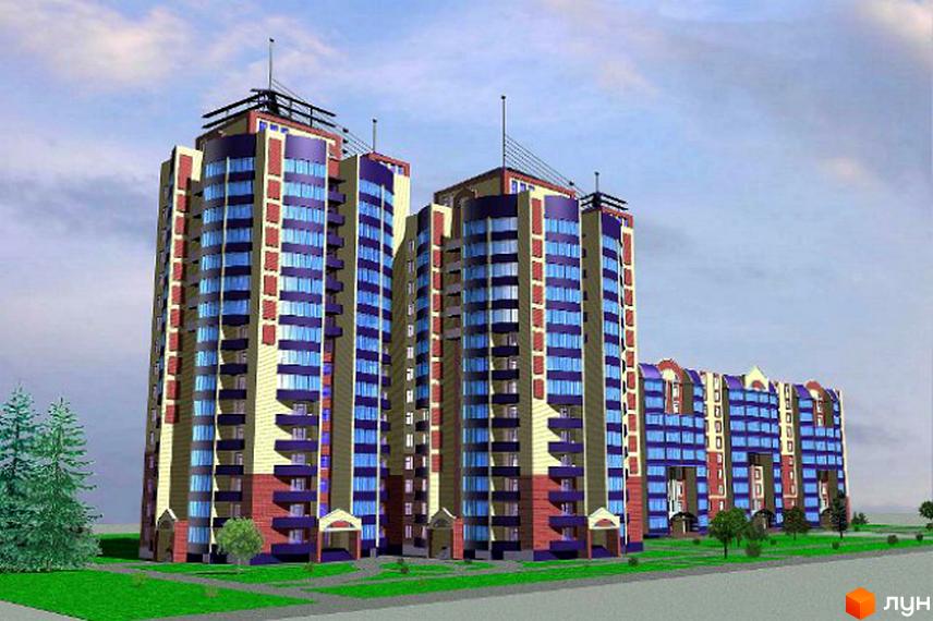 Зовнішній вигляд житлового комплексу на вул. Леваневського, 70. Багатоповерхові будинки з синіми вікнами та бежево-червоними фасадами. Прибудинкова територія з зеленими насадженнями та доріжками.