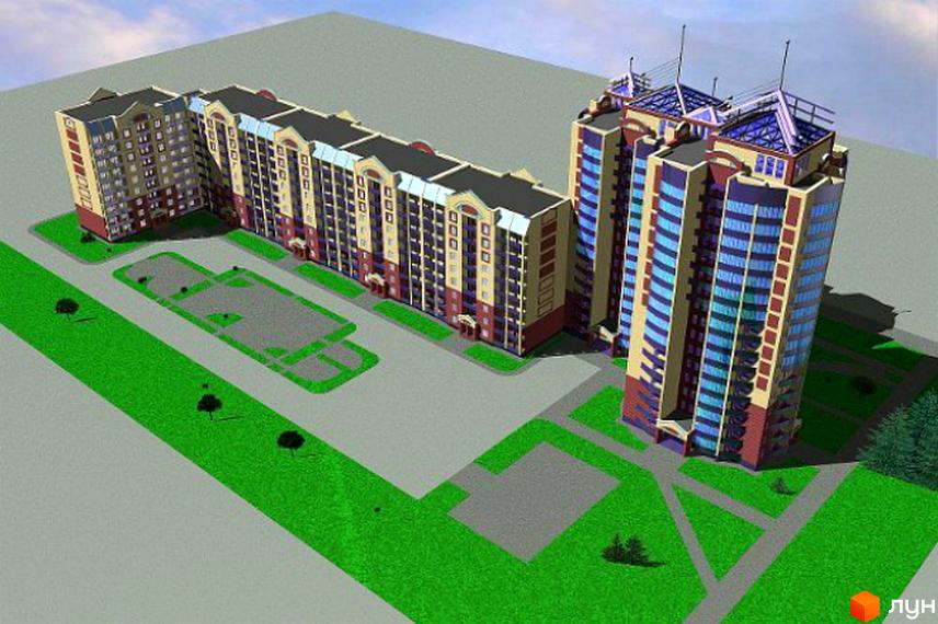 Зовнішній вигляд житлового комплексу на вул. Леваневського, 70, з довгими корпусами та висотними секціями. Прибудинкова територія з зеленими зонами та доріжками.