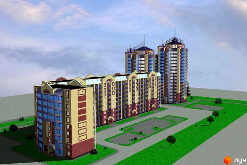 Зовнішній вигляд житлового комплексу на вул. Леваневського, 70, з багатоповерховими будинками та прибудинковою територією з зеленими насадженнями. Сучасна архітектура та зручне планування.