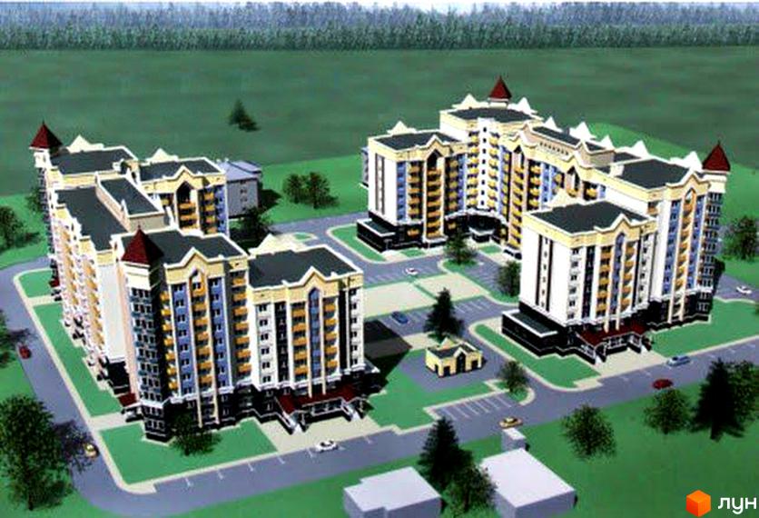 Зображення Житлового комплексу Веселка. Багатоповерхові будинки з облаштованою прибудинковою територією, газони, дерева, дорога.