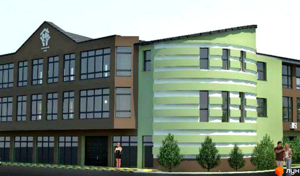 Житловий комплекс Фамільний двір: багатоповерхова будівля з коричневим та зеленим фасадами, великими вікнами. Перед будинком висаджені дерева.