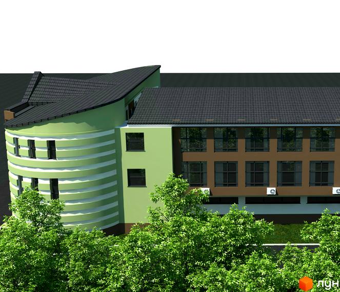 Житловий комплекс Фамільний двір. Будівля з вигнутою зеленою секцією та білими смугами, а також прямою частиною з великими вікнами, оточена зеленими деревами.