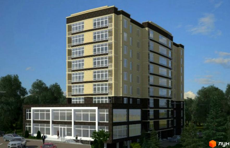 Житловий комплекс Статус Парк: багатоповерховий будинок зі світлим фасадом, темною основою та великими вікнами. Навколо розташовані зелені насадження та парковка.