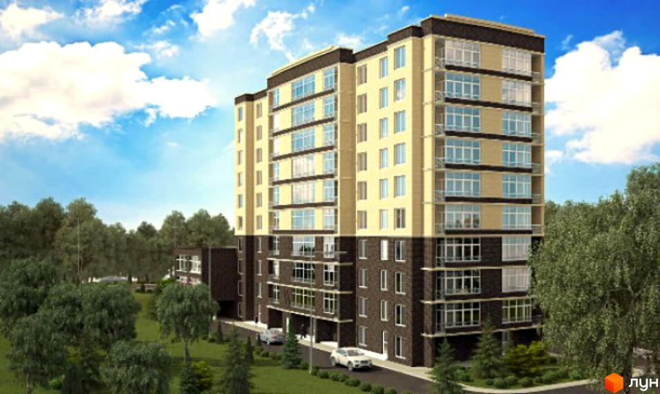 Житловий комплекс Статус Парк: багатоповерховий будинок з фасадом у світлих та темних тонах, оточений зеленими насадженнями.