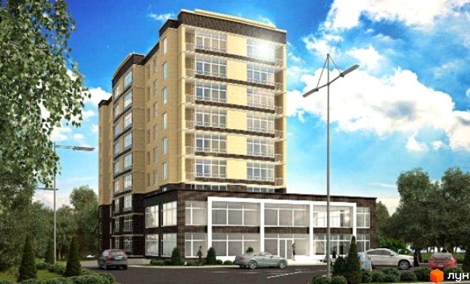 Зображення Житлового комплексу Статус Парк: багатоповерховий будинок світлих фасадів з темними нижніми поверхами, великими вікнами та балконами. Прибудинкова територія має зелені насадження та парковку.