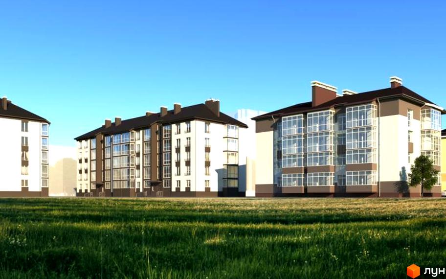 Житловий комплекс Сонячне містечко: багатоквартирні будинки зі світлими та коричневими фасадами, заскленими балконами. Перед ними зелений газон.