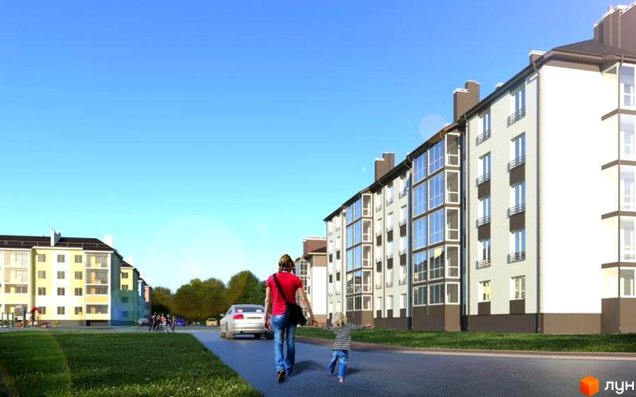 Житловий комплекс Сонячне містечко: світлі багатоповерхові будинки з темними акцентами. Навколо зелені газони, дорога та люди, що прогулюються.