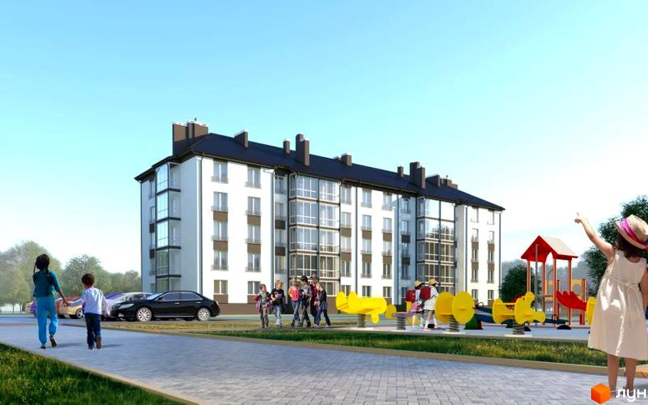 Зображення чотириповерхового будинку в Житловому комплексі Сонячне містечко. На прибудинковій території розташовані дитячий майданчик та парковка.