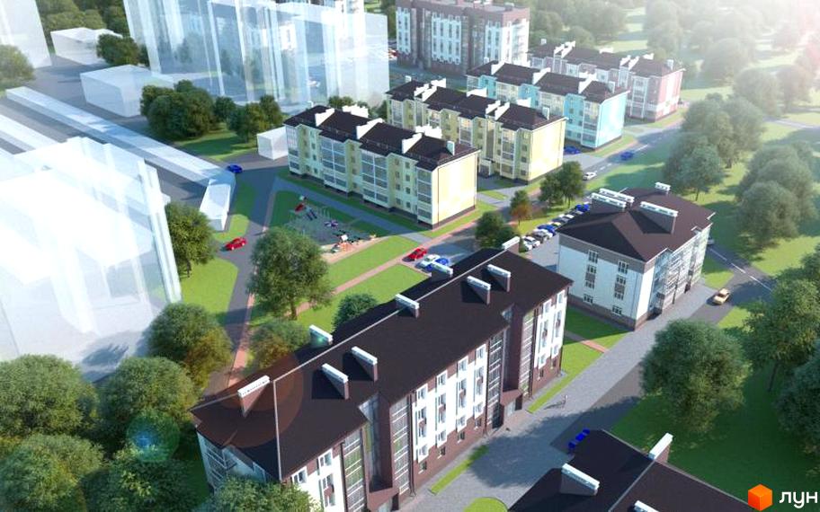 Житловий комплекс Сонячне містечко з багатоповерховими будинками світлих відтінків та темними дахами. Навколо будівель зелені газони, дерева, дороги та дитячий майданчик.