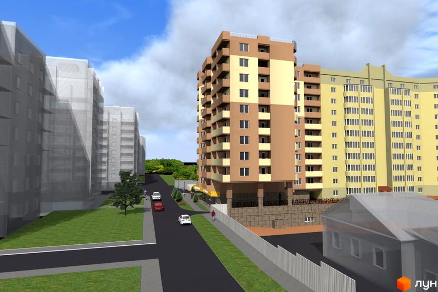 Житловий комплекс Особняк-К. Зовнішній вигляд багатоповерхових будинків з коричневими та жовтими фасадами, балконами, вікнами. Прибудинкова територія з дорогою, газоном, деревами та парканом.