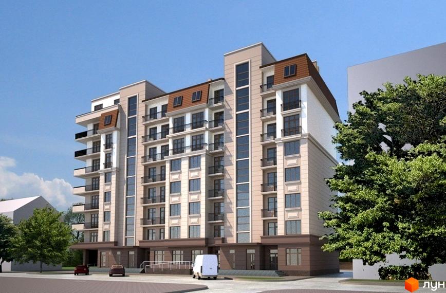 Багатоповерховий Житловий комплекс на вул. Героїв УПА, 29, з бежевим фасадом, балконами та великими вікнами, оточений деревами.