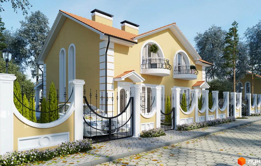 Котеджне містечко Санжейка люкс: жовтий двоповерховий будинок з балконами та парканом. Прибудинкова територія з деревами та квітковою клумбою.