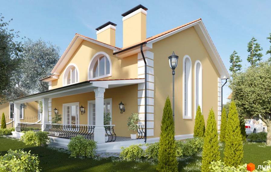 Котеджне містечко Санжейка люкс: жовтий двоповерховий будинок з білими колонами на веранді та арочними вікнами. Навколо будинку зелений газон, кущі та дерева.