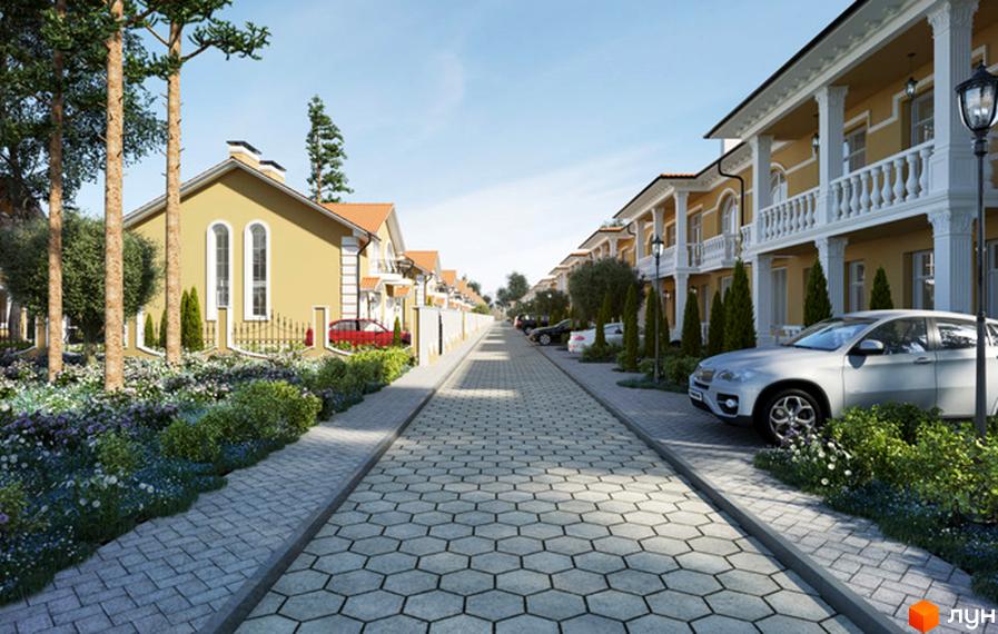 Котеджне містечко КМ Санжейка люкс: двоповерхові будинки з колонами та балконами, вимощені вулиці, зелені насадження та паркування автомобілів.