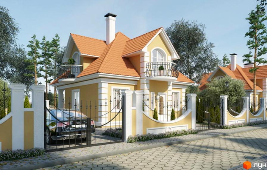 Котеджне містечко КМ Санжейка люкс: жовтий двоповерховий будинок з оранжевим дахом, балконами та кованими огорожами. Прибудинкова територія з парканом, воротами та автомобілем.
