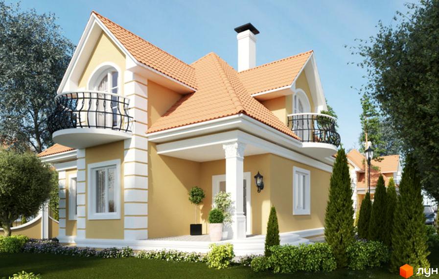 Котеджне містечко Санжейка люкс: двоповерховий жовтий будинок з червоним черепичним дахом, балконами та доглянутою зеленою прибудинковою територією.