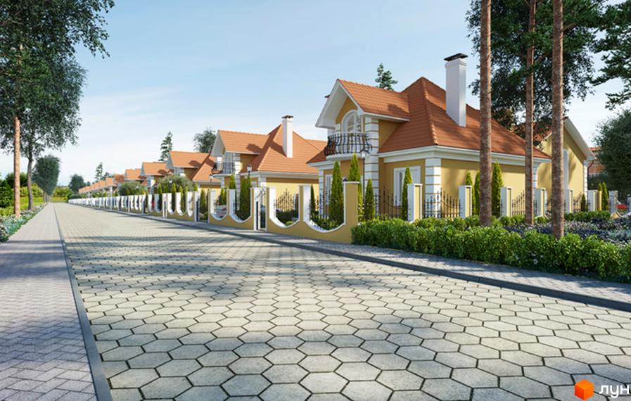 Котеджне містечко Санжейка люкс: жовті будинки з червоними дахами та декоративними парканами вздовж вулиці. Прибудинкова територія з зеленими насадженнями та бруківкою.