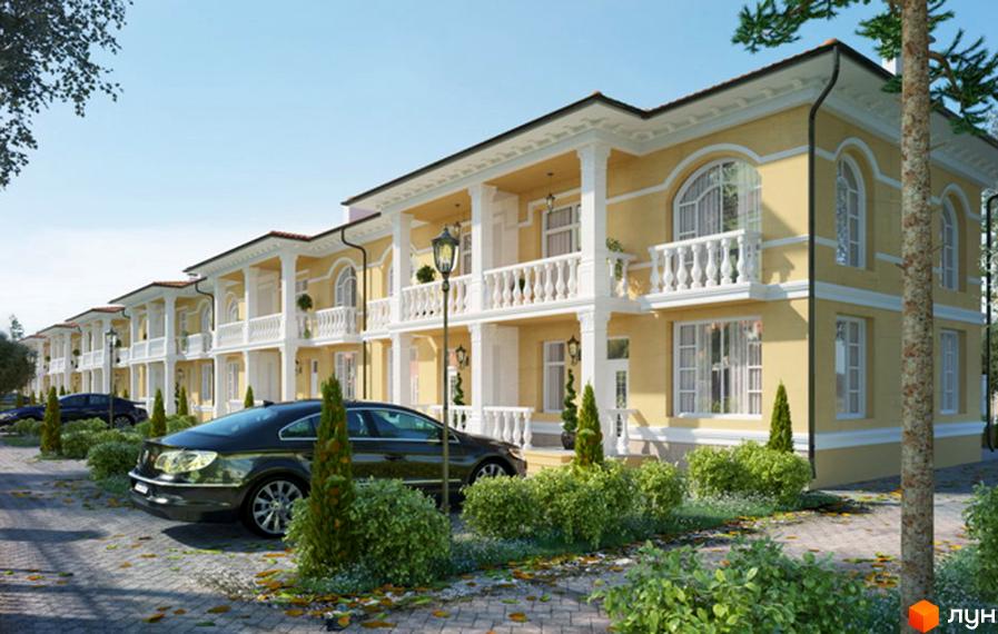 Котеджне містечко Санжейка люкс: двоповерхові жовті будинки з білими колонами та балконами, доглянута прибудинкова територія з деревами та кущами.