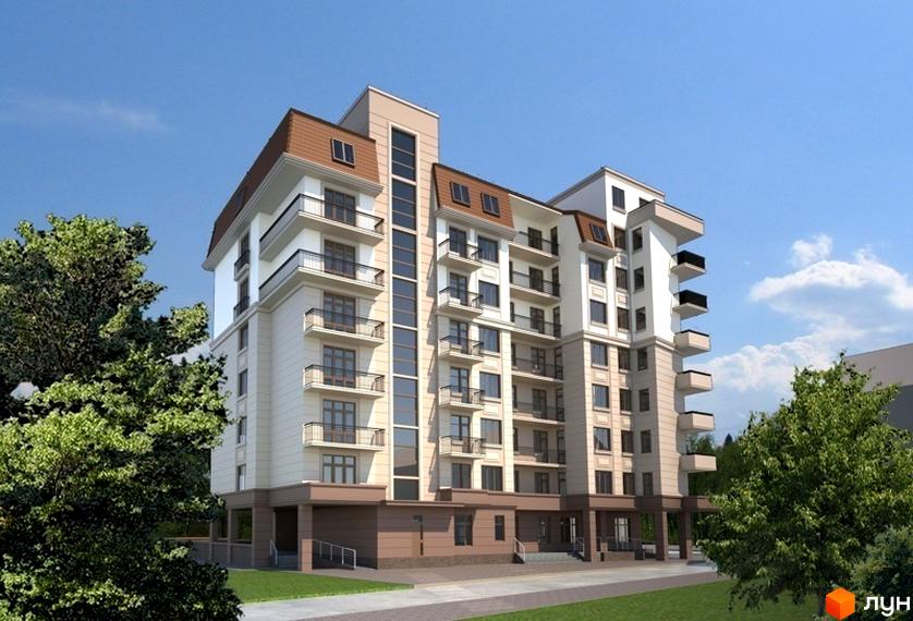 Новобудова на вул. Героїв УПА, 29: багатоповерховий будинок світлого кольору з балконами та мансардним дахом. Поруч зелені насадження.