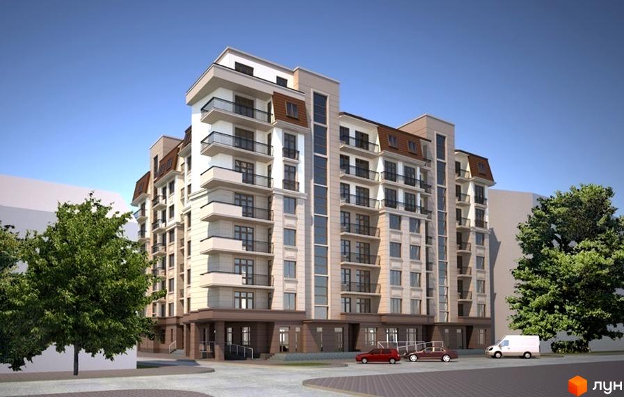 Новобудова на вул. Героїв УПА, 29, світлого кольору з балконами та коричневими дахами. Поруч дерева та припарковані автомобілі.