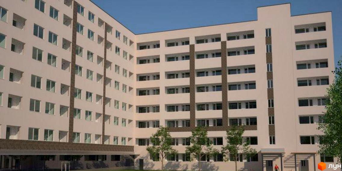 Зовнішній вигляд новобудови на вул. Замостянська (50-річчя Перемоги), 34а. Багатоповерховий будинок з білим фасадом та темними вертикальними вставками. Перед будинком зелені насадження та навіси.