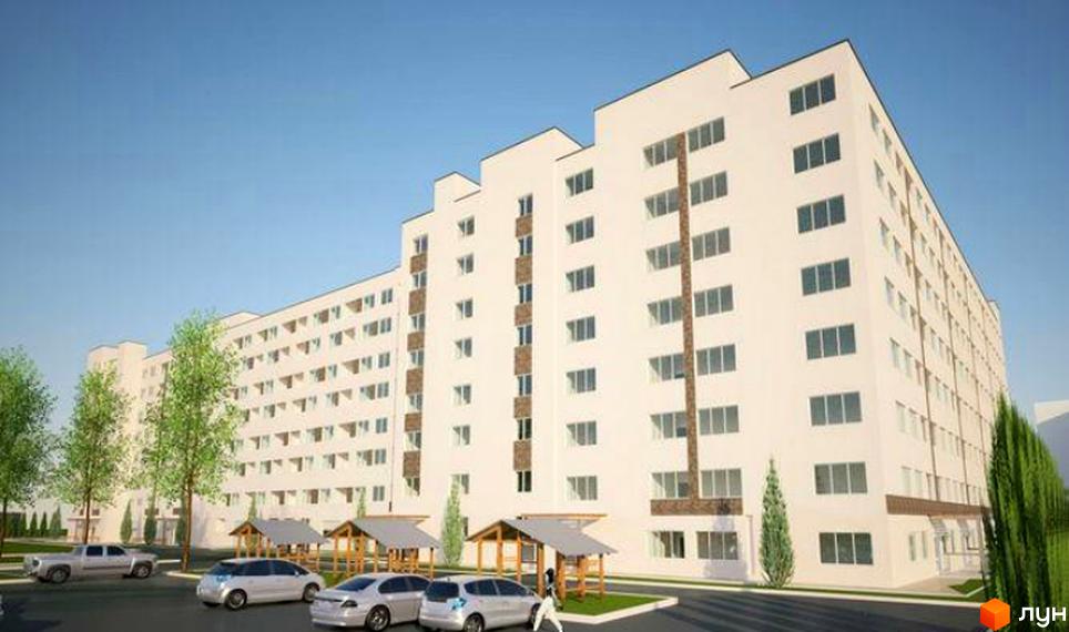 Зовнішній вигляд новобудови на вул. Замостянська (50-річчя Перемоги), 34а. На прибудинковій території розташовані паркувальні місця та зелені насадження.