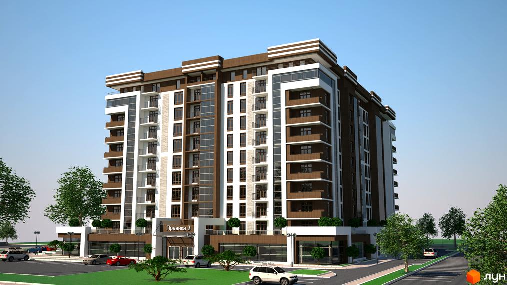 Багатоповерховий будинок з коричневими та білими фасадами. На прибудинковій території є парковка та зелені насадження.