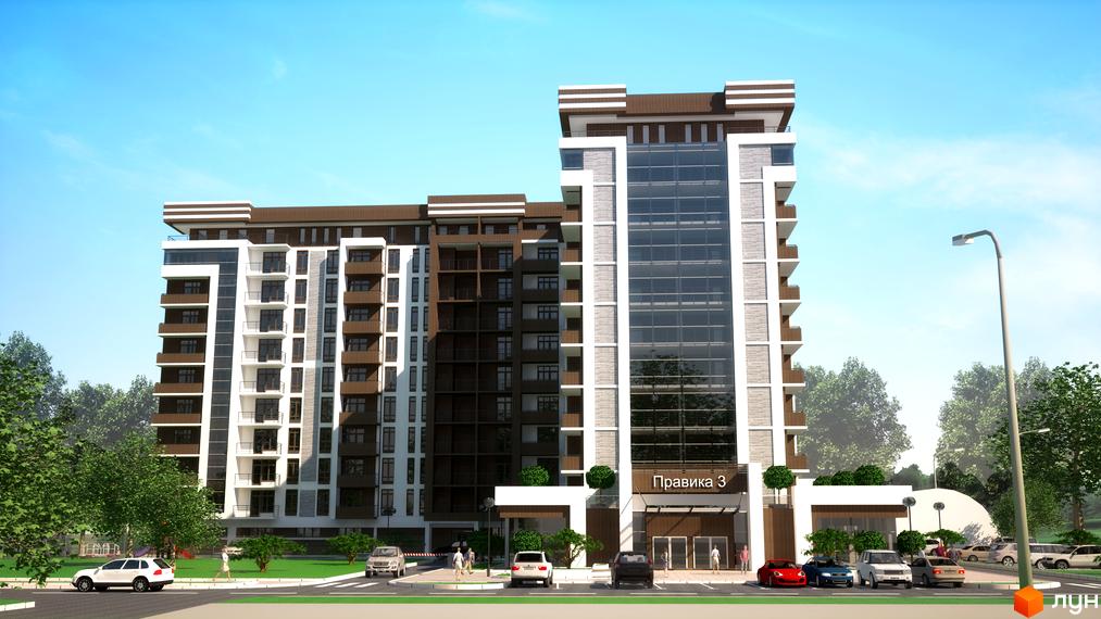 Зображення житлового комплексу. Висотна будівля з великими вікнами та балконами. На прибудинковій території є парковка та зелені насадження.