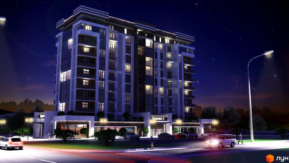 Висотна будівля житлового комплексу з великою кількістю вікон та балконів. Перед будинком розташована дорога, по якій їздять автомобілі, та пішохідний перехід.