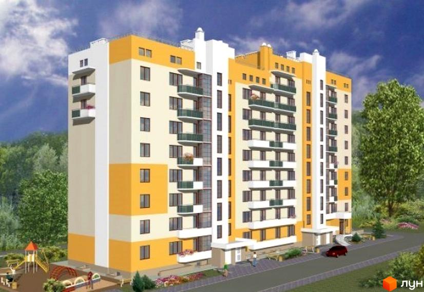 Багатоповерховий житловий будинок бежевого та помаранчевого кольорів з балконами. Поруч розташовані дитячий майданчик, зелені насадження та дорога.