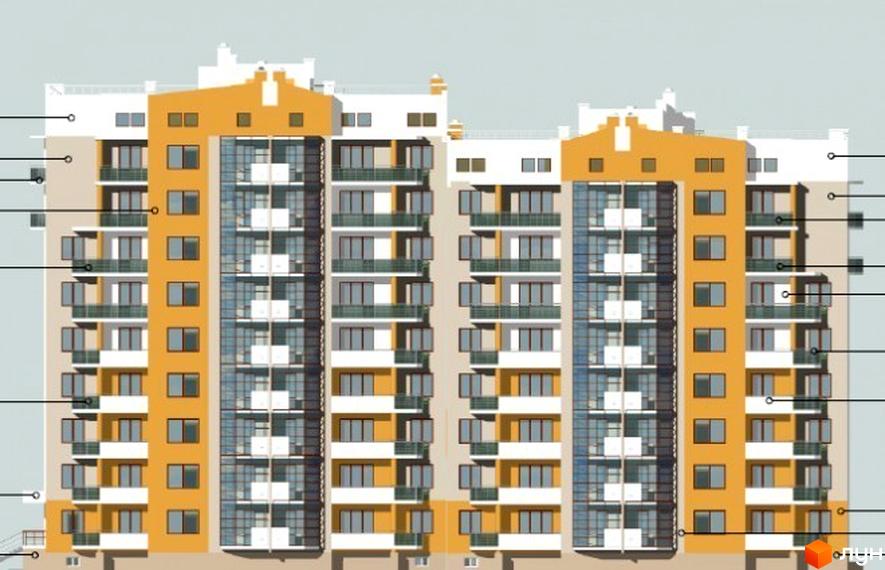 Фасад новобудови на вул. Каховська, 27. Багатоповерховий будинок з жовтими та світлими панелями, балконами та великими скляними вікнами.