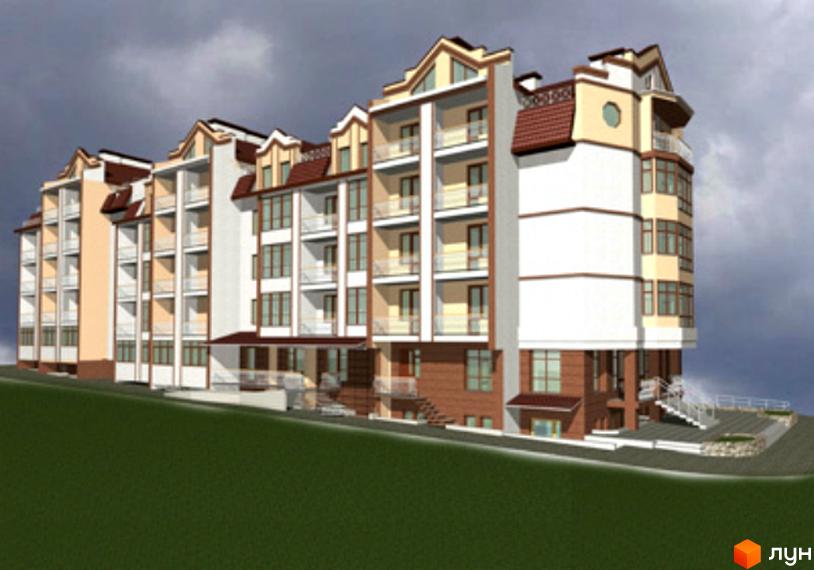 Зовнішній вигляд житлового комплексу на вулиці Незалежності. Багатоквартирний будинок з балконами та вікнами, розташований на схилі.