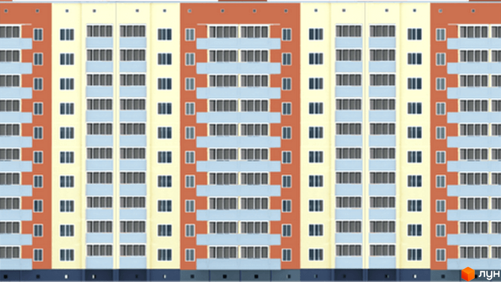 Фасад багатоповерхового житлового комплексу на вул. Параджанова, 3, з вікнами та балконами. Будинок має жовті та помаранчеві секції.